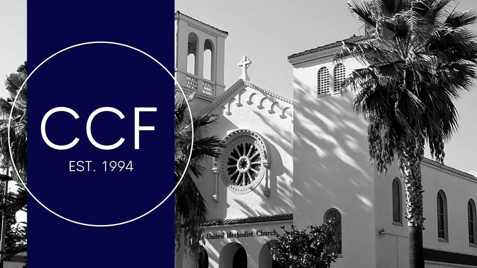Exterior view of Calvary Chapel Fullerton church building with cross and bell tower, framed by palm trees, with church logo showing CCF Est. 1994